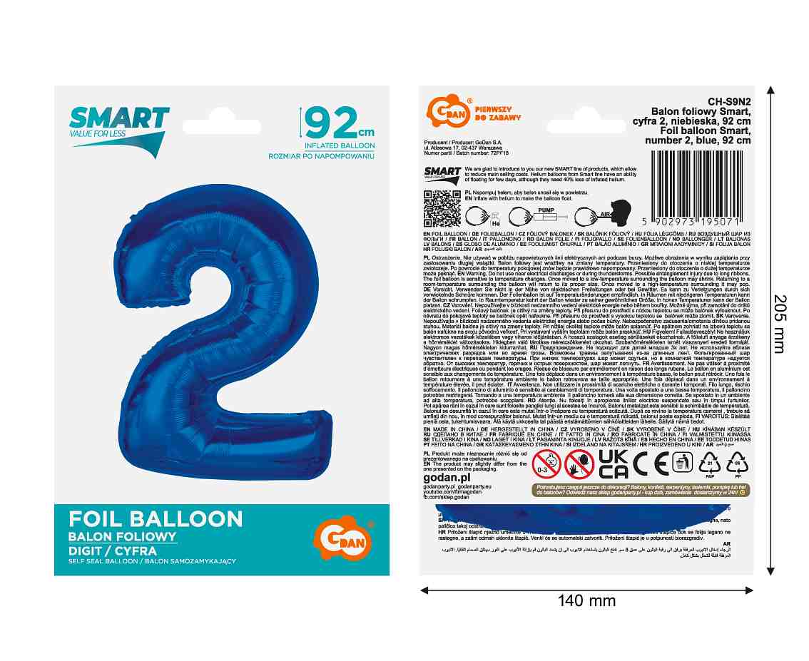 Balon foliowy Smart cyfra 2 niebieska 92cm AA CH-S9N2 GoDan